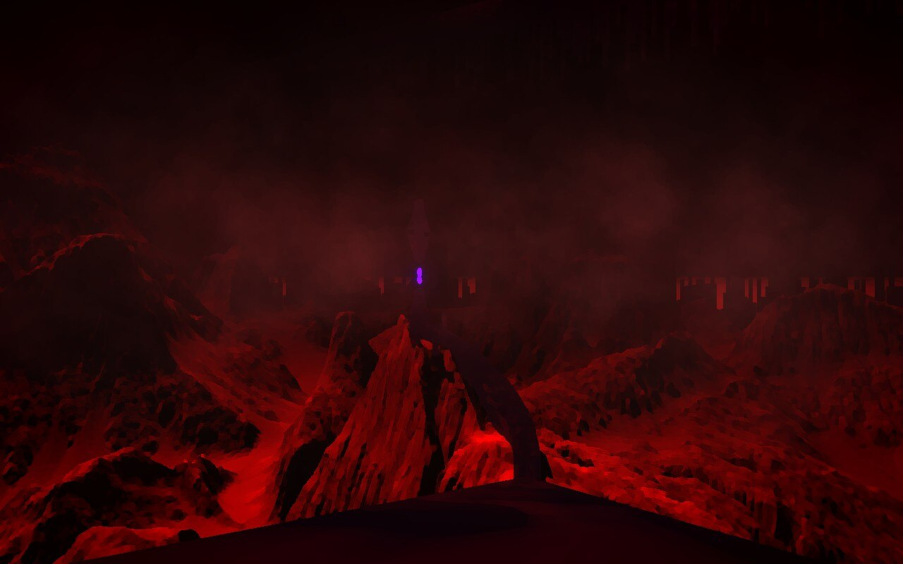 A mountain range, all red-lit snow and sharp peaks. A purple light glimmers on a distant mountain top.