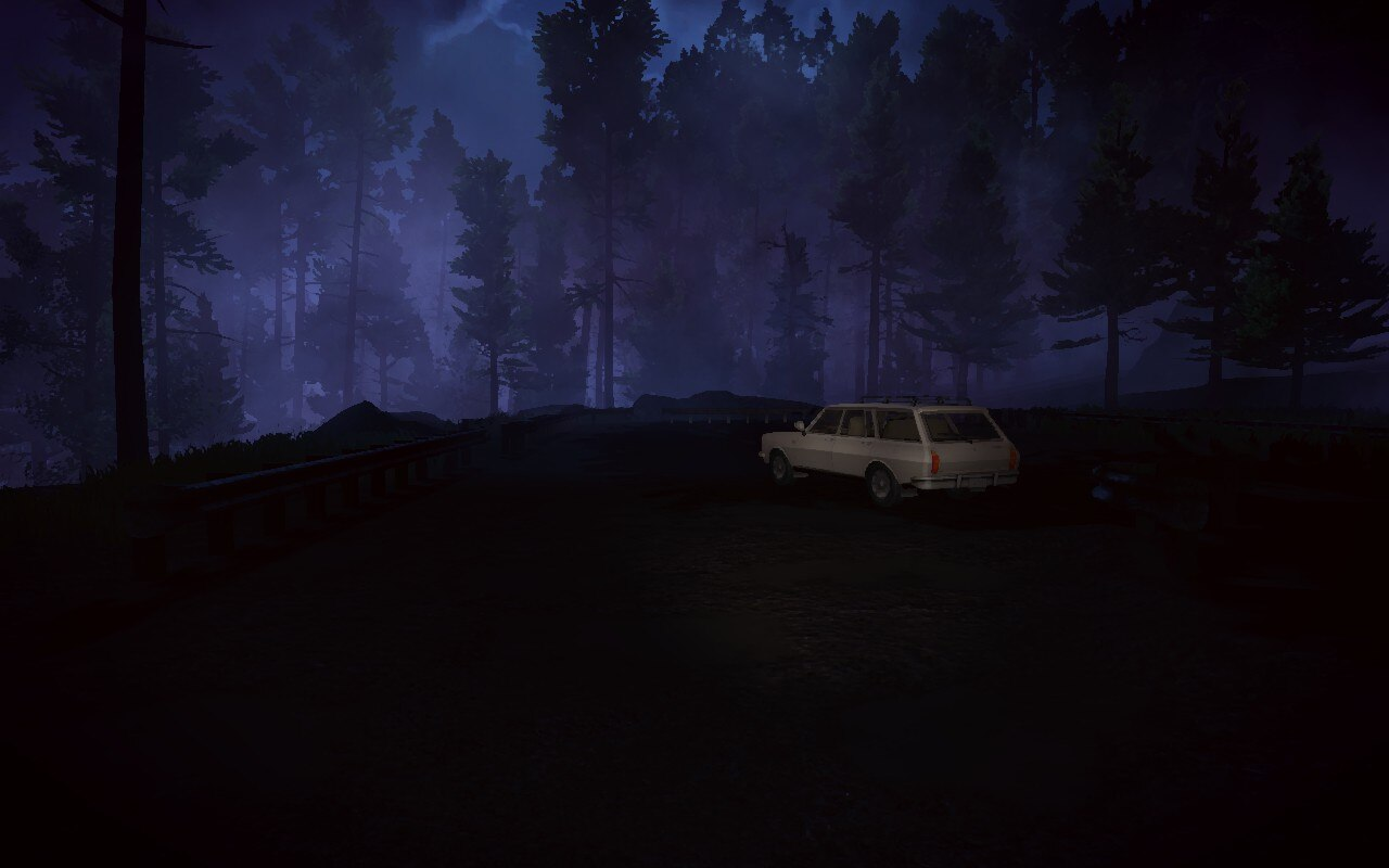 Steam Deck screenshot. A car is parked at a cliff edge. In a bluish mist below, there are trees as far as the eye can see.