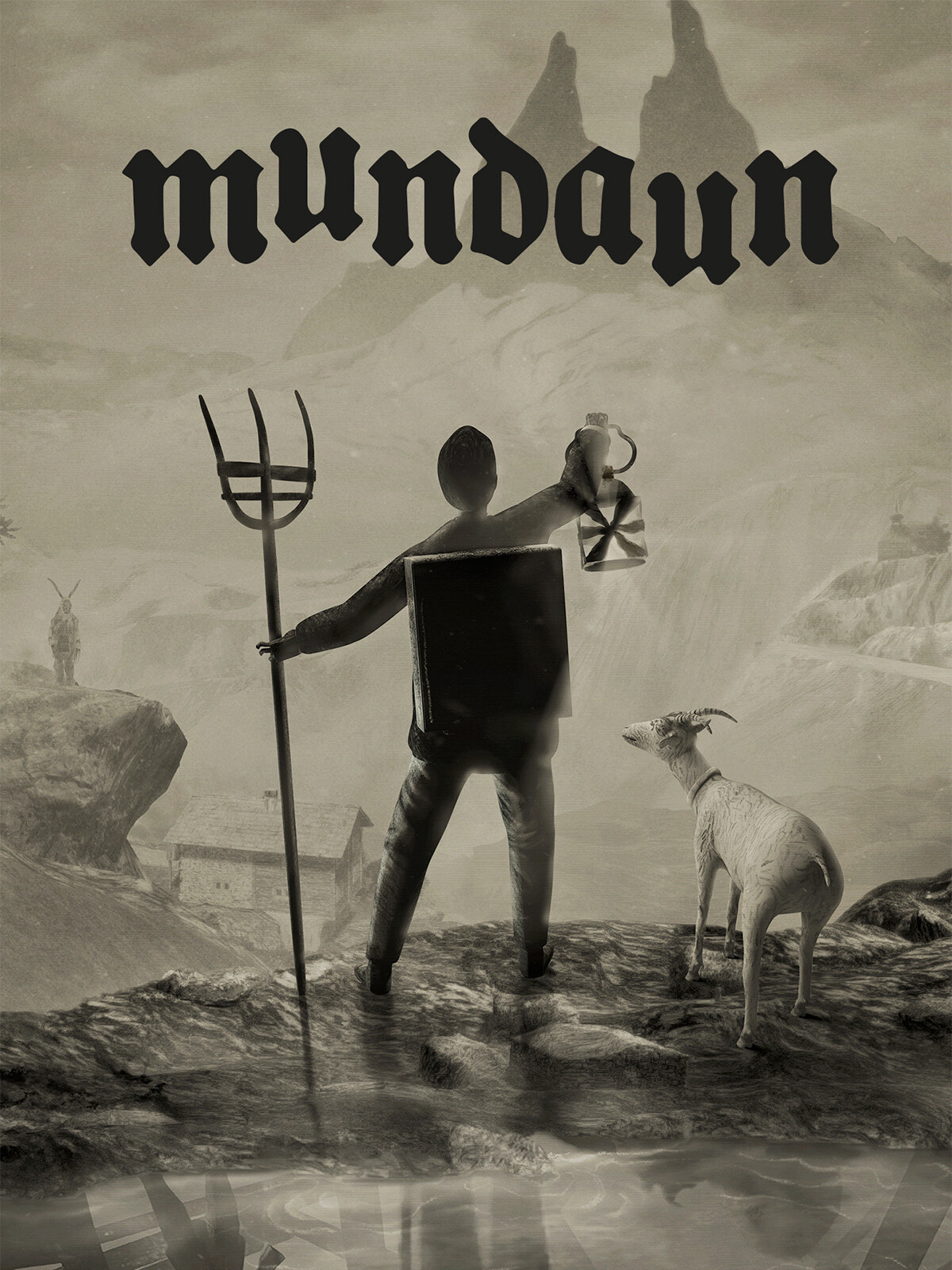 Cover art for Mundaun - a man and a goat are atop a cliff, staring at a twin-peaked mountain. Although the art is 3D, the textures are hand-drawn.