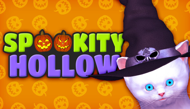 Title image for Spookity Hollow - there are pumpkins along with Gilbert, a white cat in a black witches' hat.
